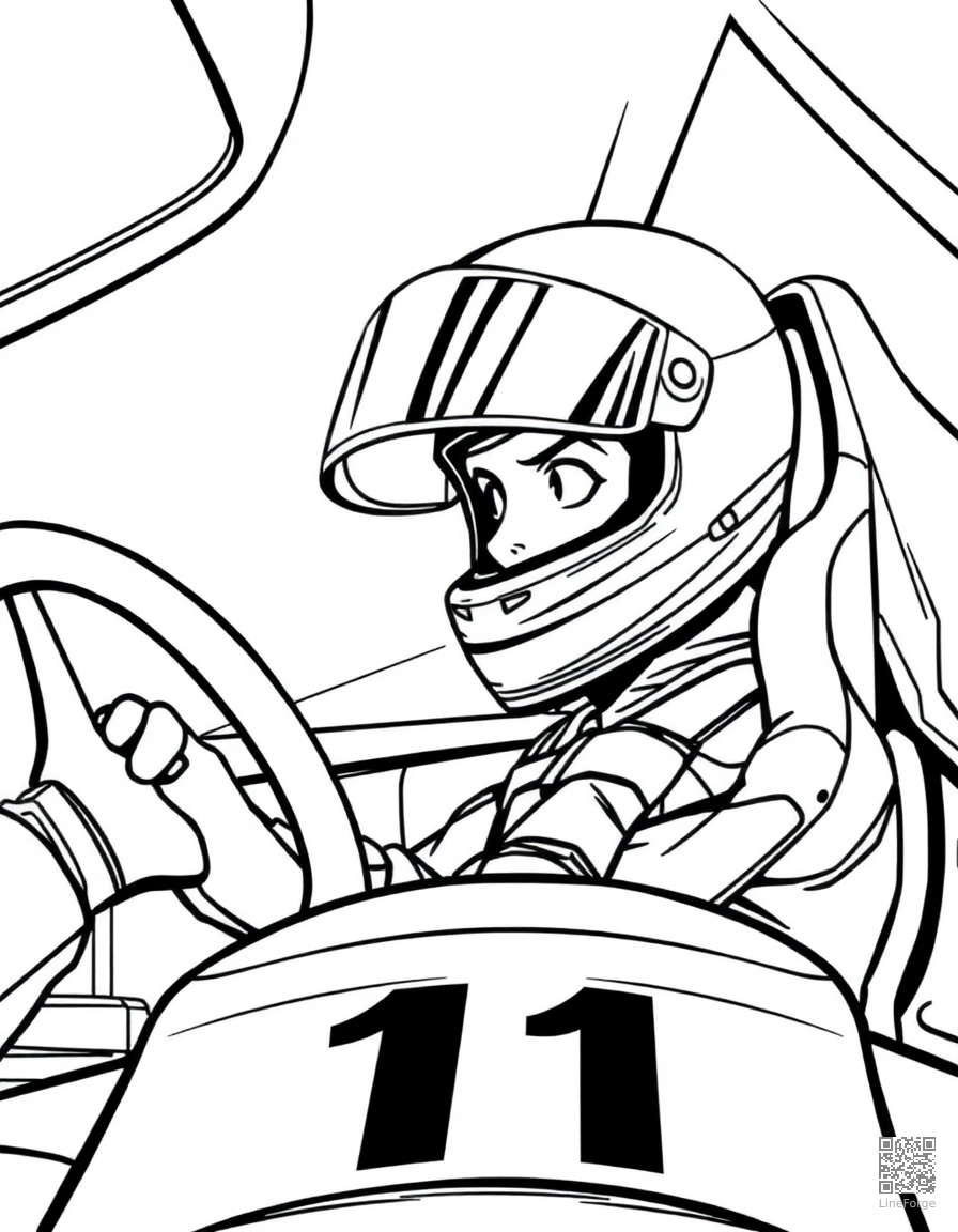 race car driver in the cockpit coloring page Manga style - free printable