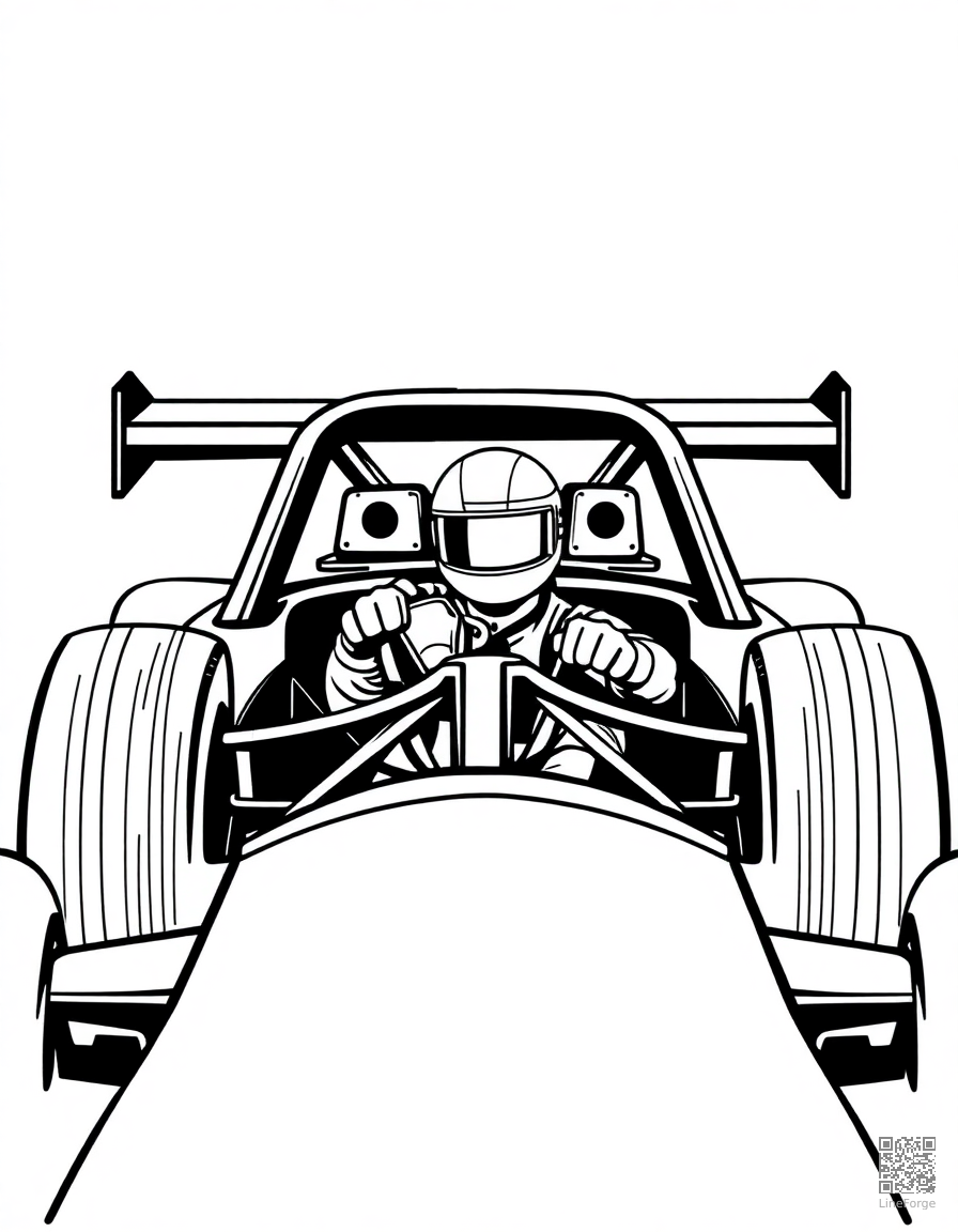 race car driver in the cockpit coloring page Woodcut style - free printable