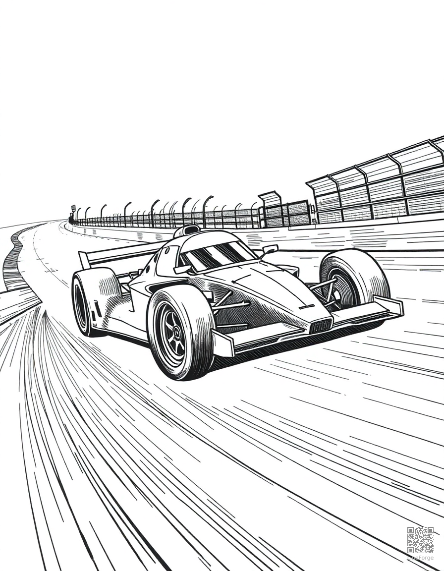 race car speeding around a track coloring page Crosshatch style - free printable