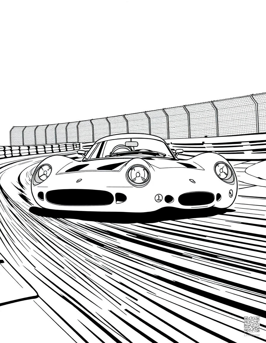 race car speeding around a track coloring page Manga style - free printable