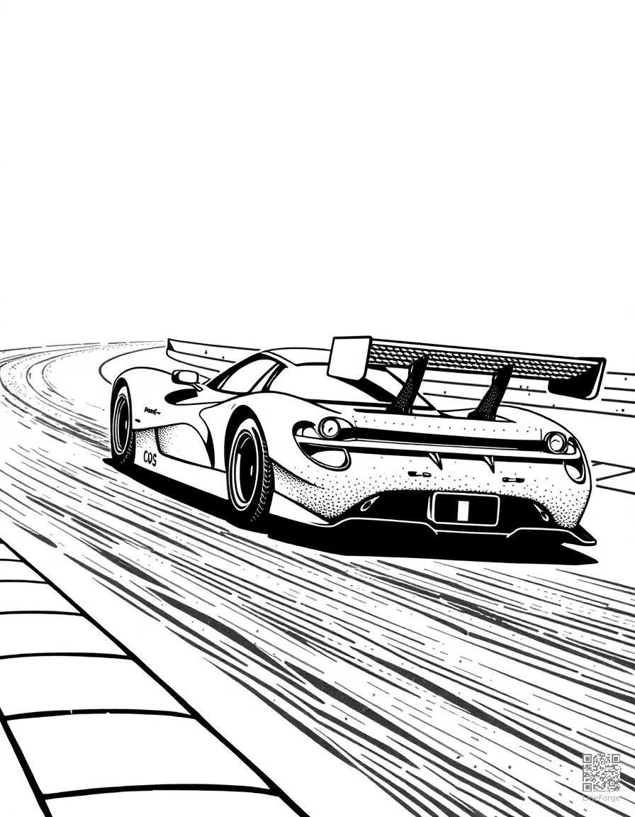 race car speeding around a track coloring page Stipple style - free printable