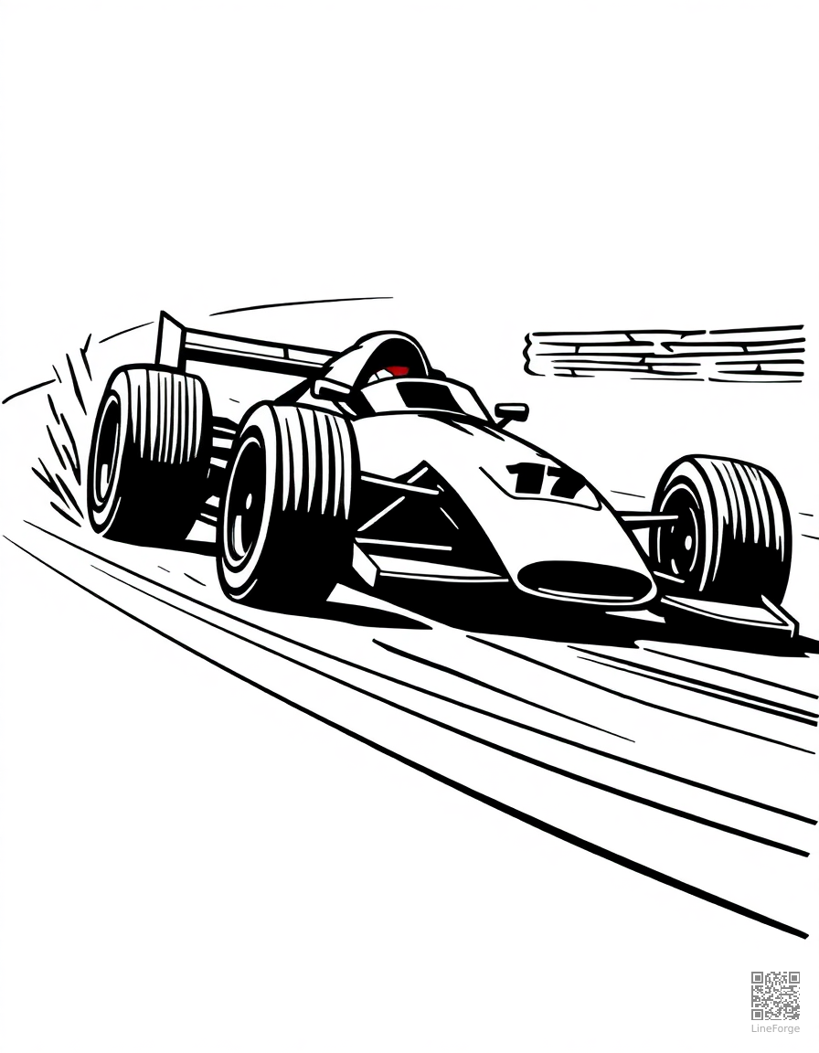 race car speeding around a track coloring page Woodcut style - free printable