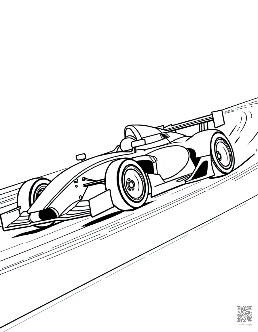 Free race car speeding on a track coloring page in contour style — printable line art
