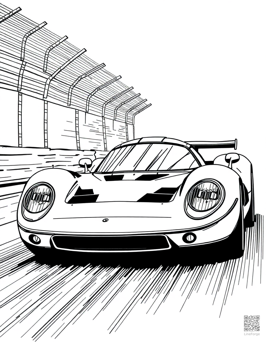 Free race car speeding on a track coloring page in crosshatch style — printable line art