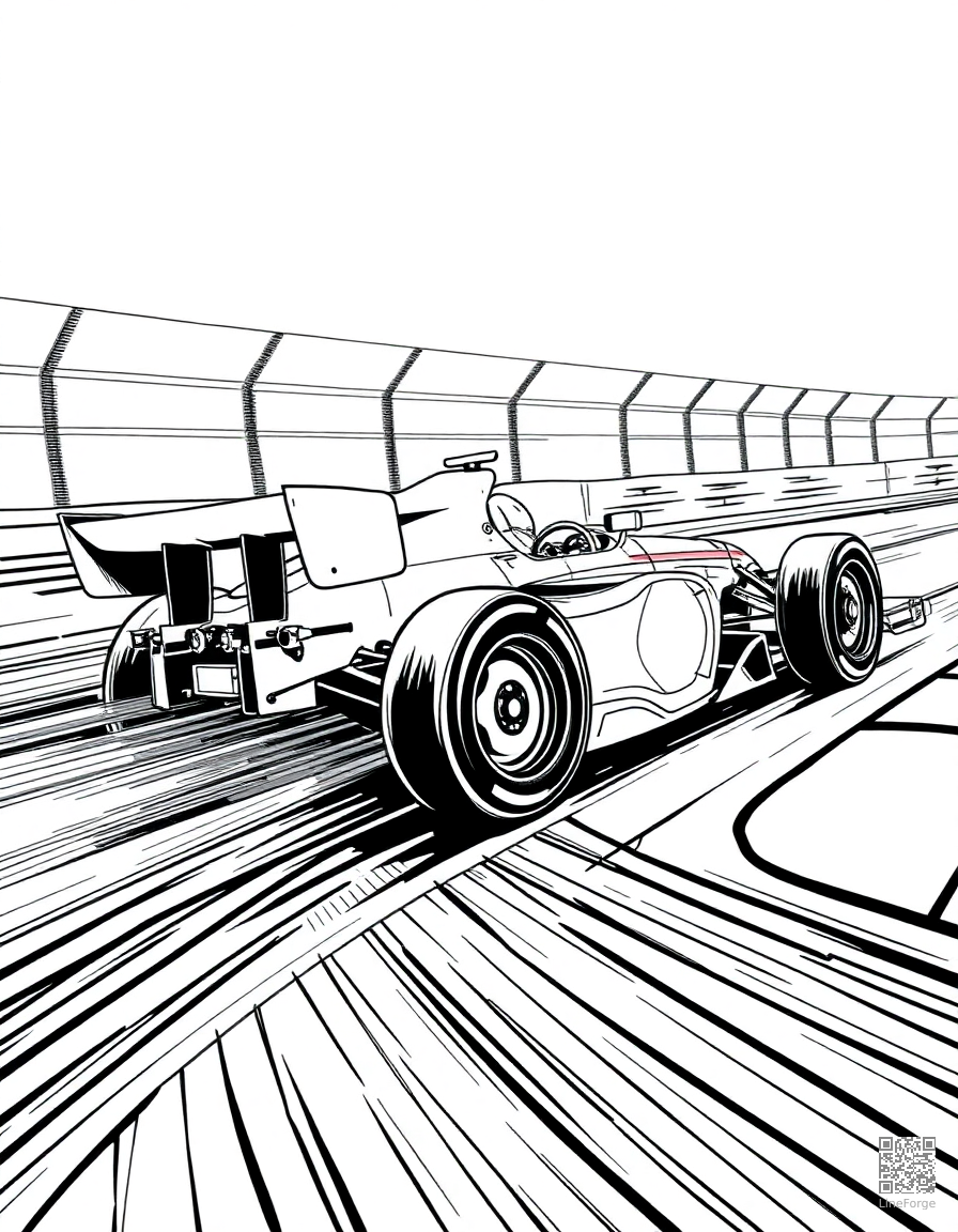 Free race car speeding on a track coloring page in manga style — printable line art