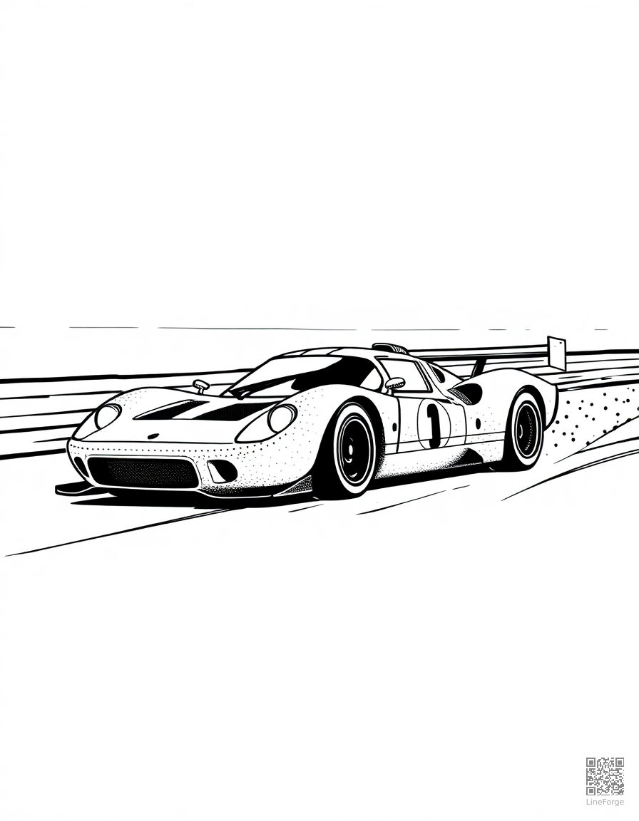 Free race car speeding on a track coloring page in stipple style — printable line art