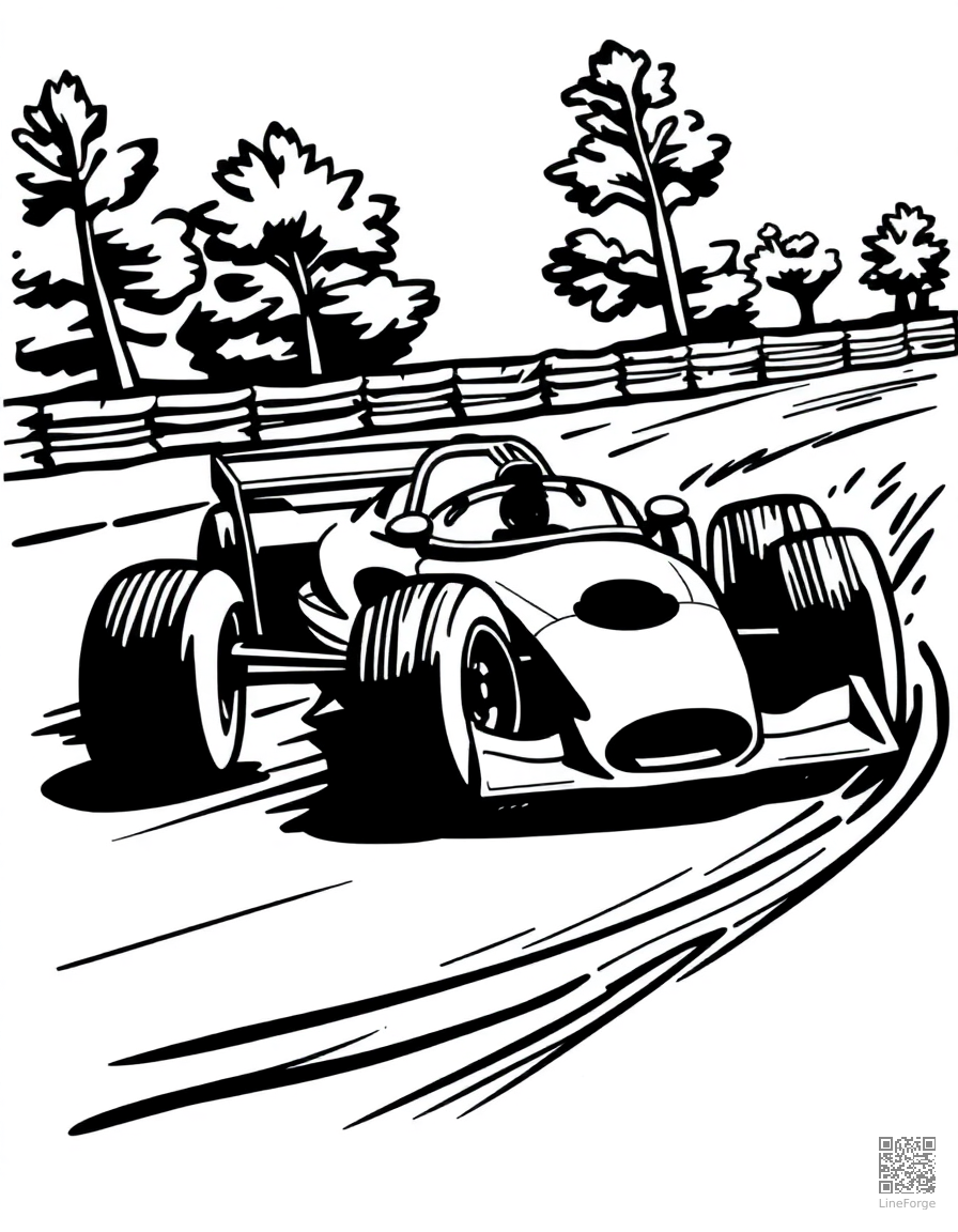 Free race car speeding on a track coloring page in woodcut style — printable line art