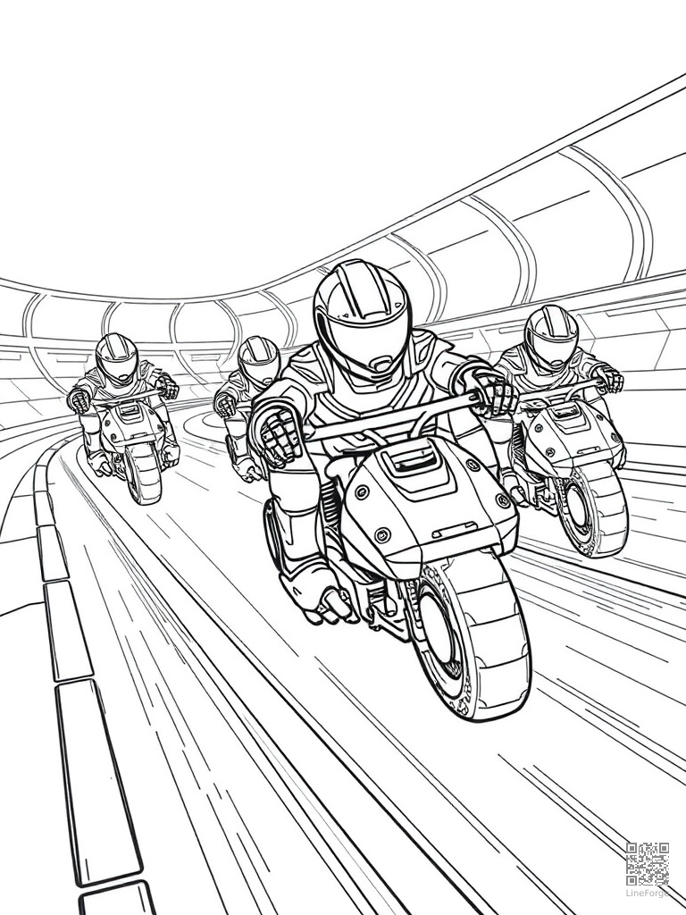 Racing robots on a futuristic neon track coloring page Contour style free printable