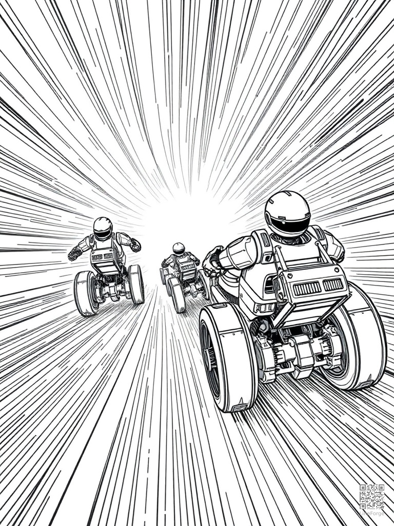 Racing robots on a futuristic neon track coloring page Crosshatch style free printable