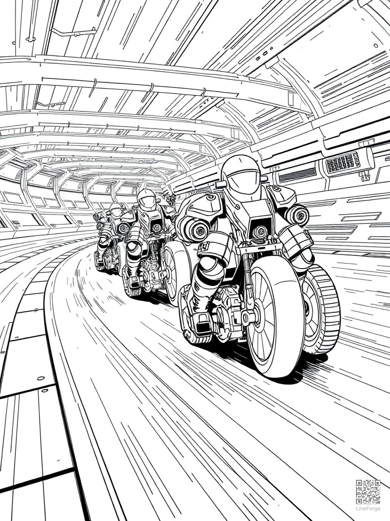 Racing robots on a futuristic neon track coloring page Manga style free printable