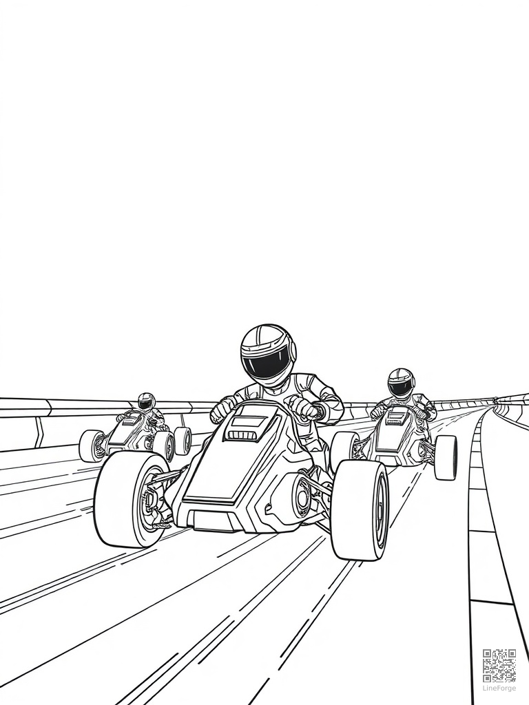 Racing robots on a futuristic neon track coloring page Minimal style free printable