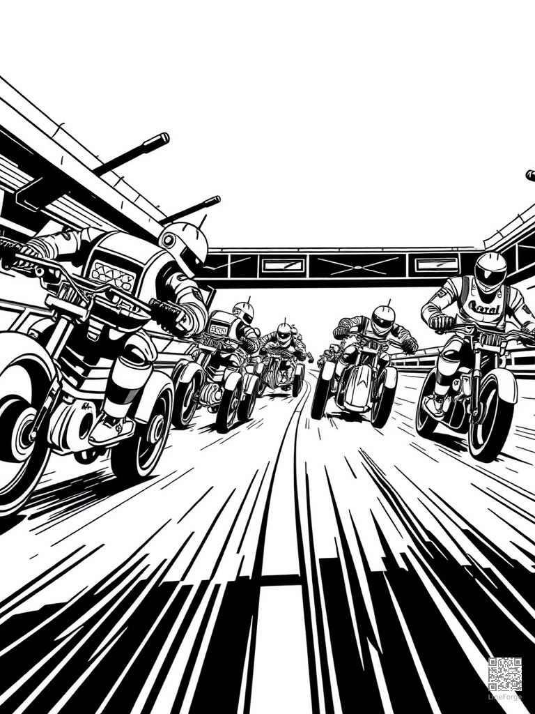 Racing robots on a futuristic neon track coloring page Woodcut style free printable