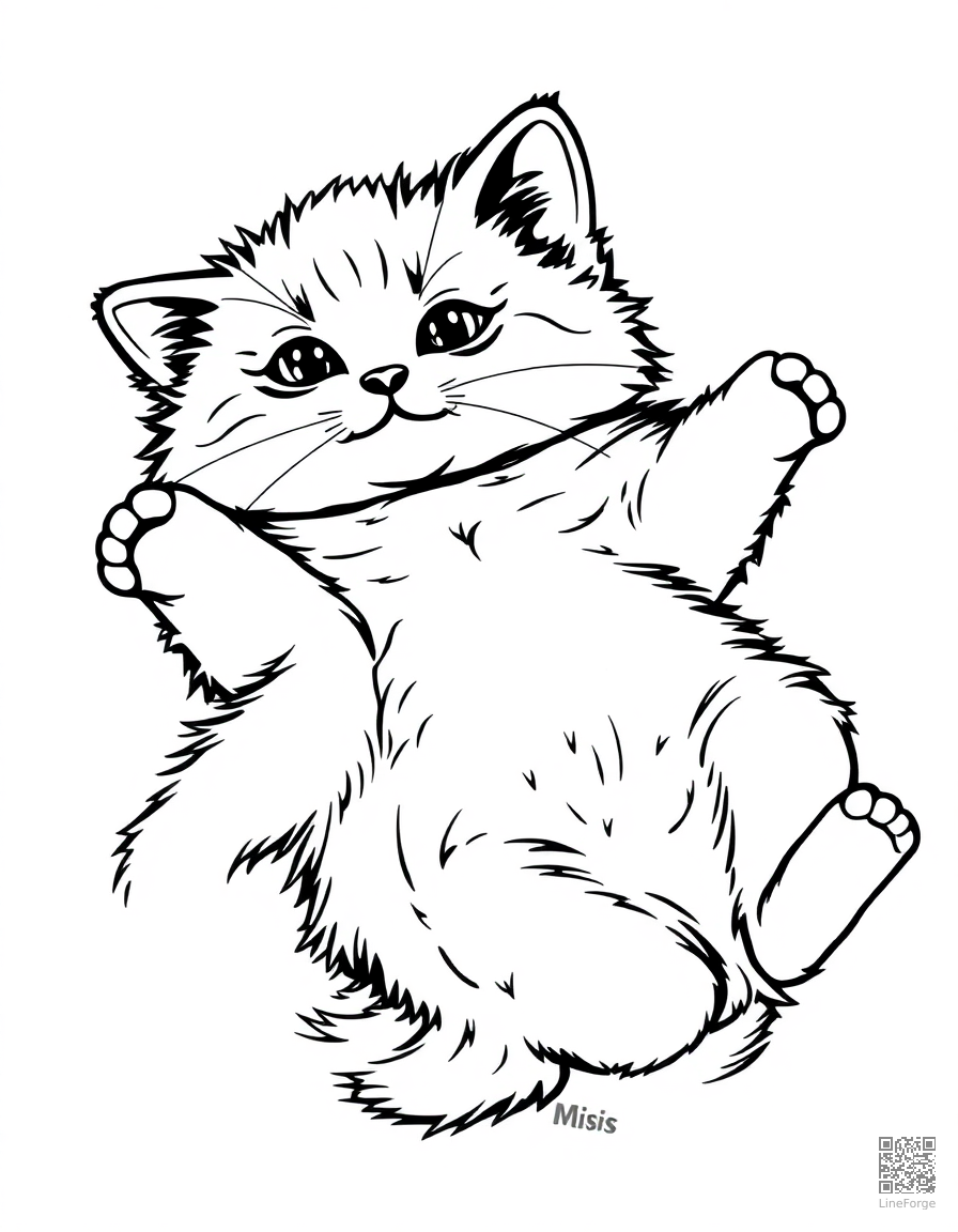 Free ragdoll kitten lying on its back coloring page in contour style — printable line art