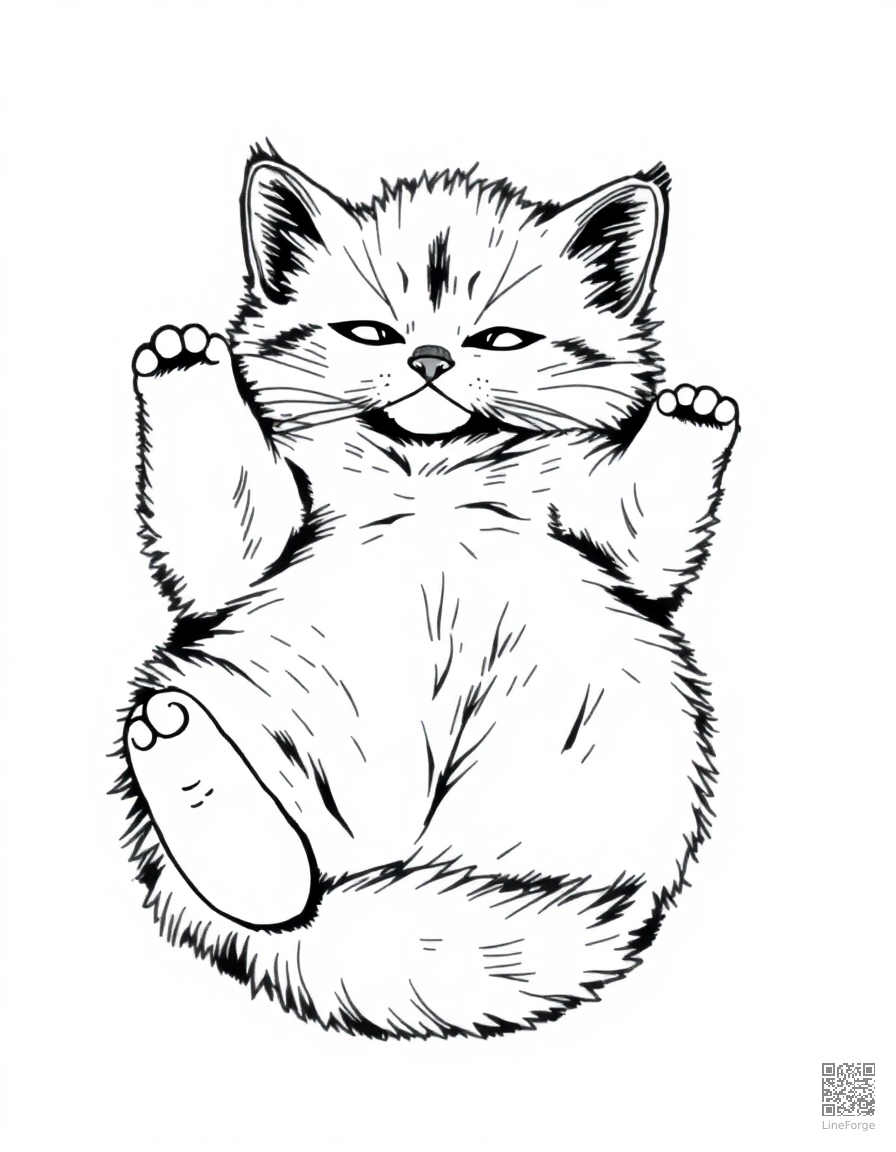 ragdoll kitten lying on its back coloring page Crosshatch style - free printable