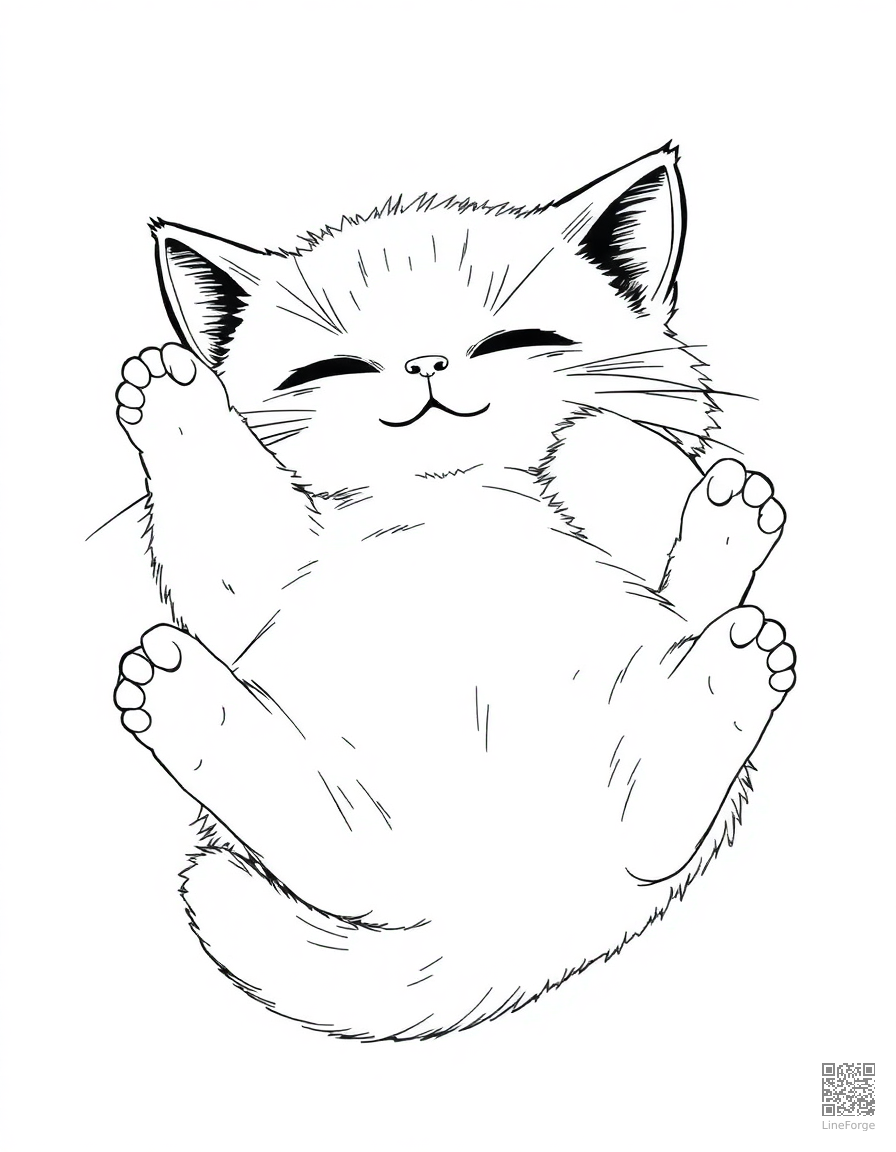 Free ragdoll kitten lying on its back coloring page in manga style — printable line art