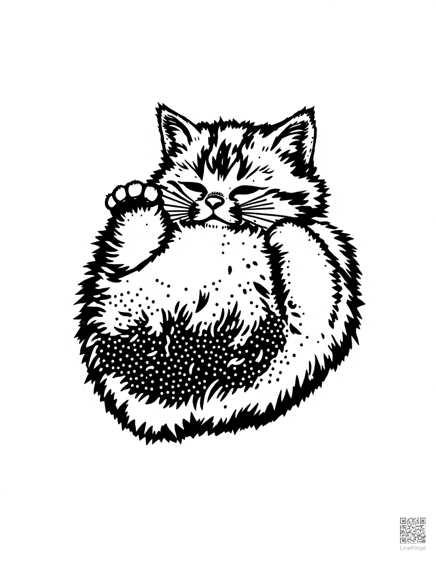 Free ragdoll kitten lying on its back coloring page in stipple style — printable line art
