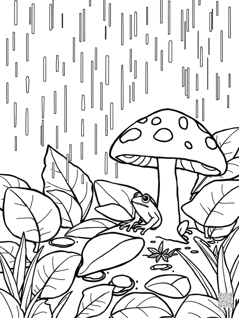 Free rain on leaves with puddles and a frog under mushroom coloring page in contour style — printable line art