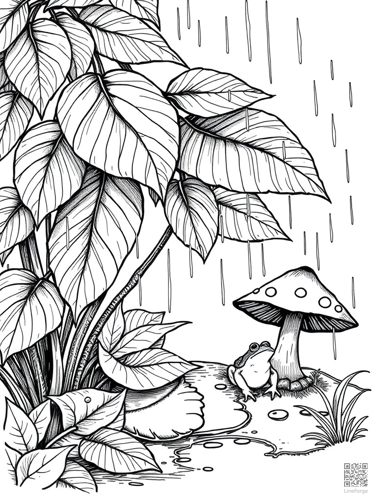 Free rain on leaves with puddles and a frog under mushroom coloring page in crosshatch style — printable line art
