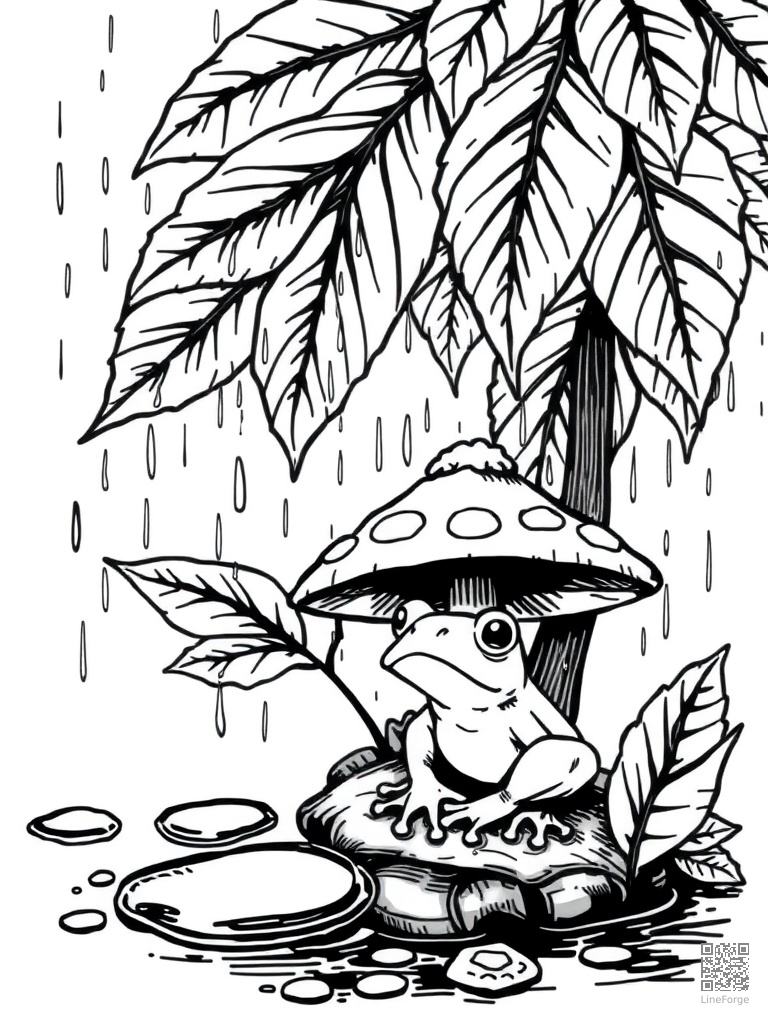 Free rain on leaves with puddles and a frog under mushroom coloring page in manga style — printable line art