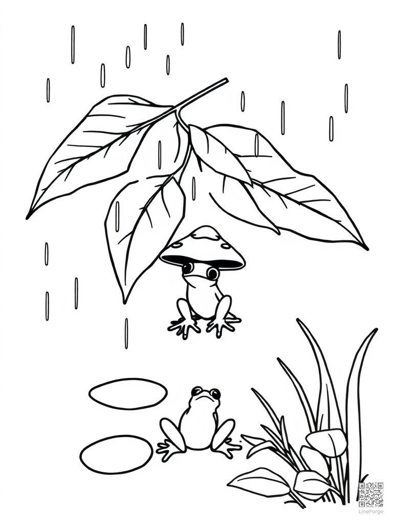 Free rain on leaves with puddles and a frog under mushroom coloring page in minimal style — printable line art
