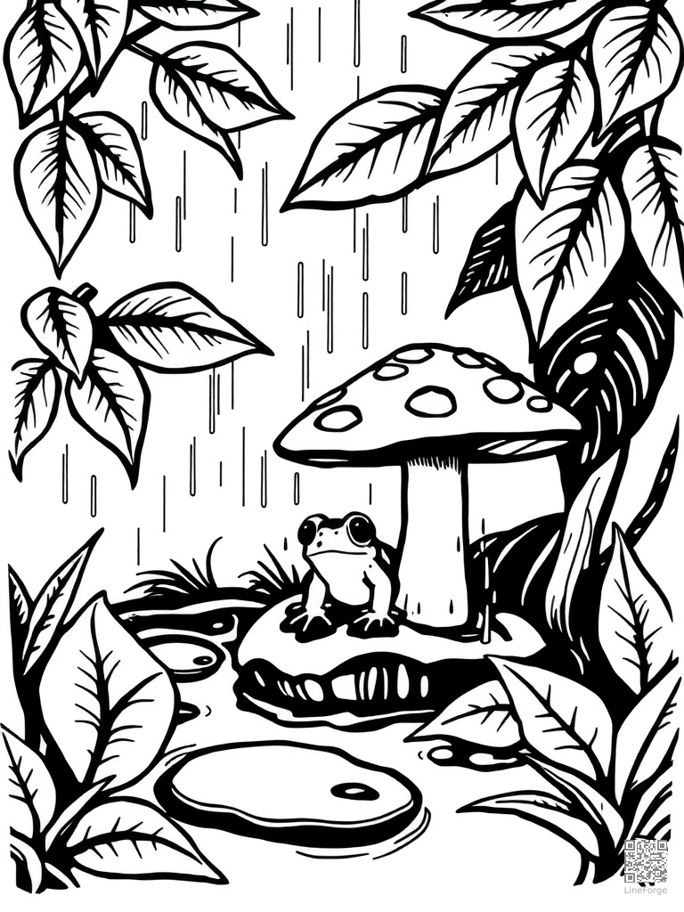Free rain on leaves with puddles and a frog under mushroom coloring page in woodcut style — printable line art