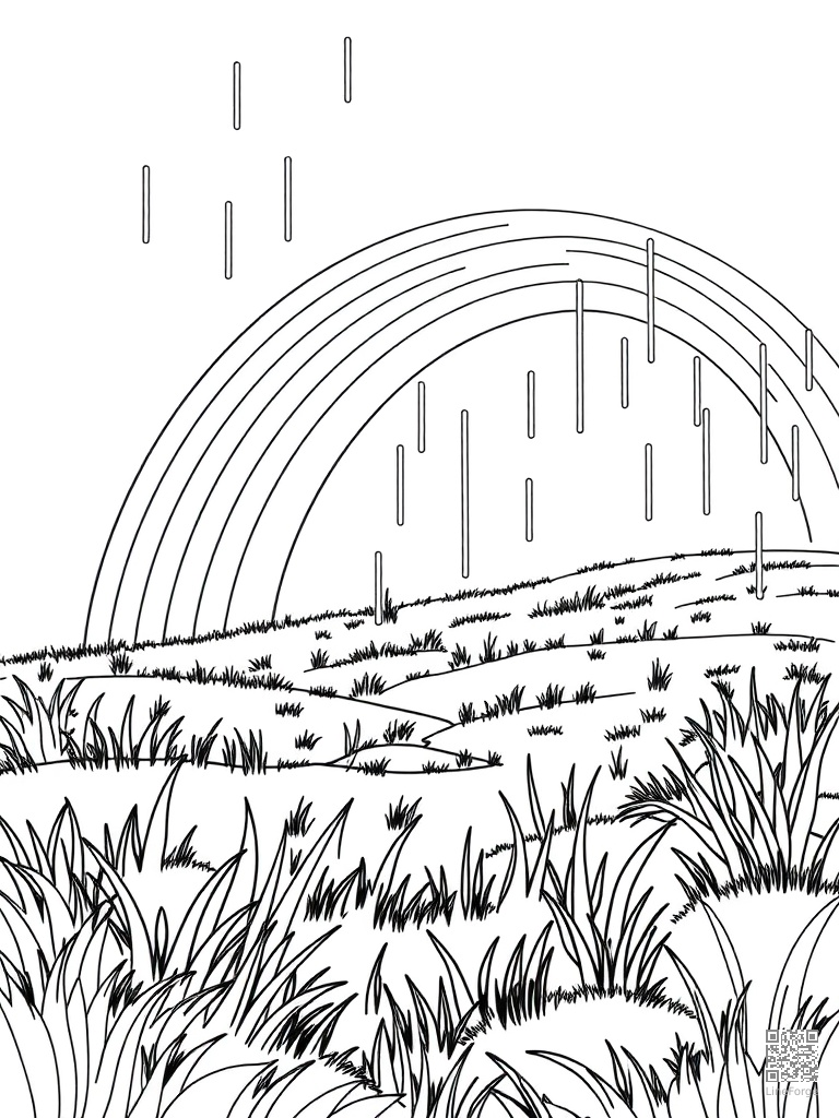 Rainbow over a green meadow after rain coloring page Contour style - free printable