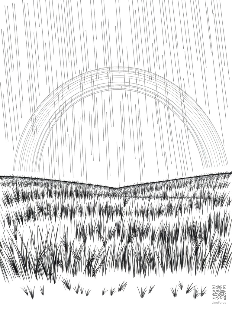 Rainbow over a green meadow after rain coloring page Crosshatch style - free printable