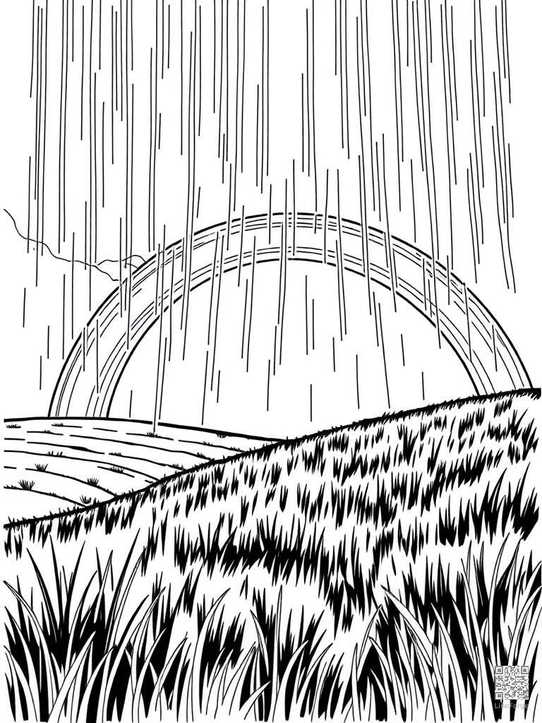 Rainbow over a green meadow after rain coloring page Woodcut style - free printable