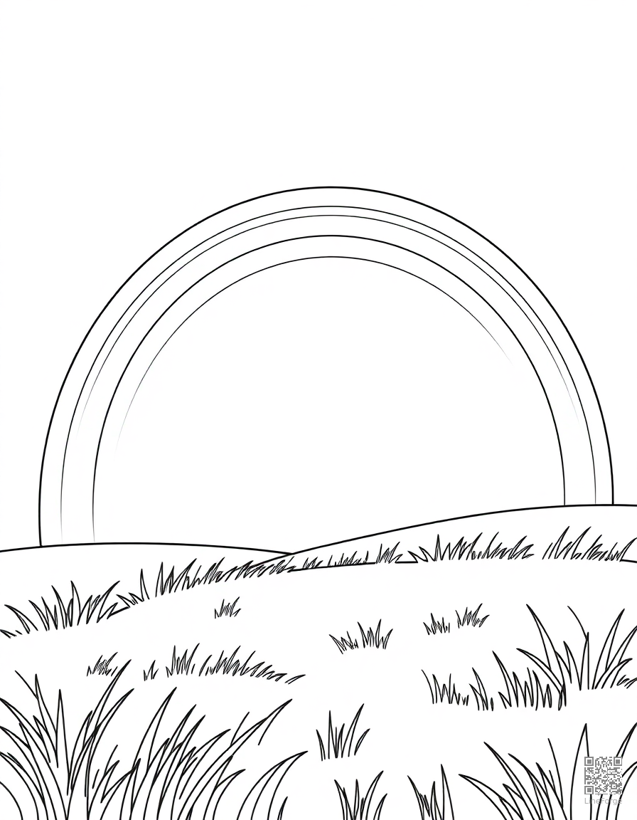 Free rainbow over a green meadow coloring page in contour style — printable line art