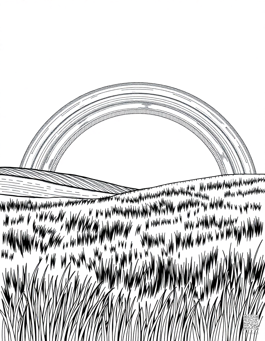 Free rainbow over a green meadow coloring page in crosshatch style — printable line art