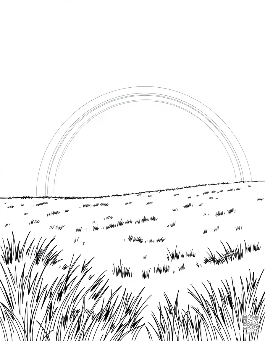 Free rainbow over a green meadow coloring page in manga style — printable line art