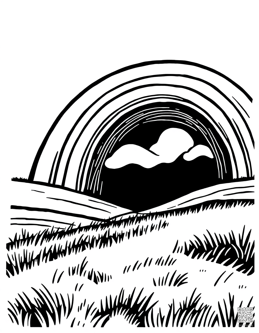 Rainbow over a green meadow coloring page Woodcut style - free printable