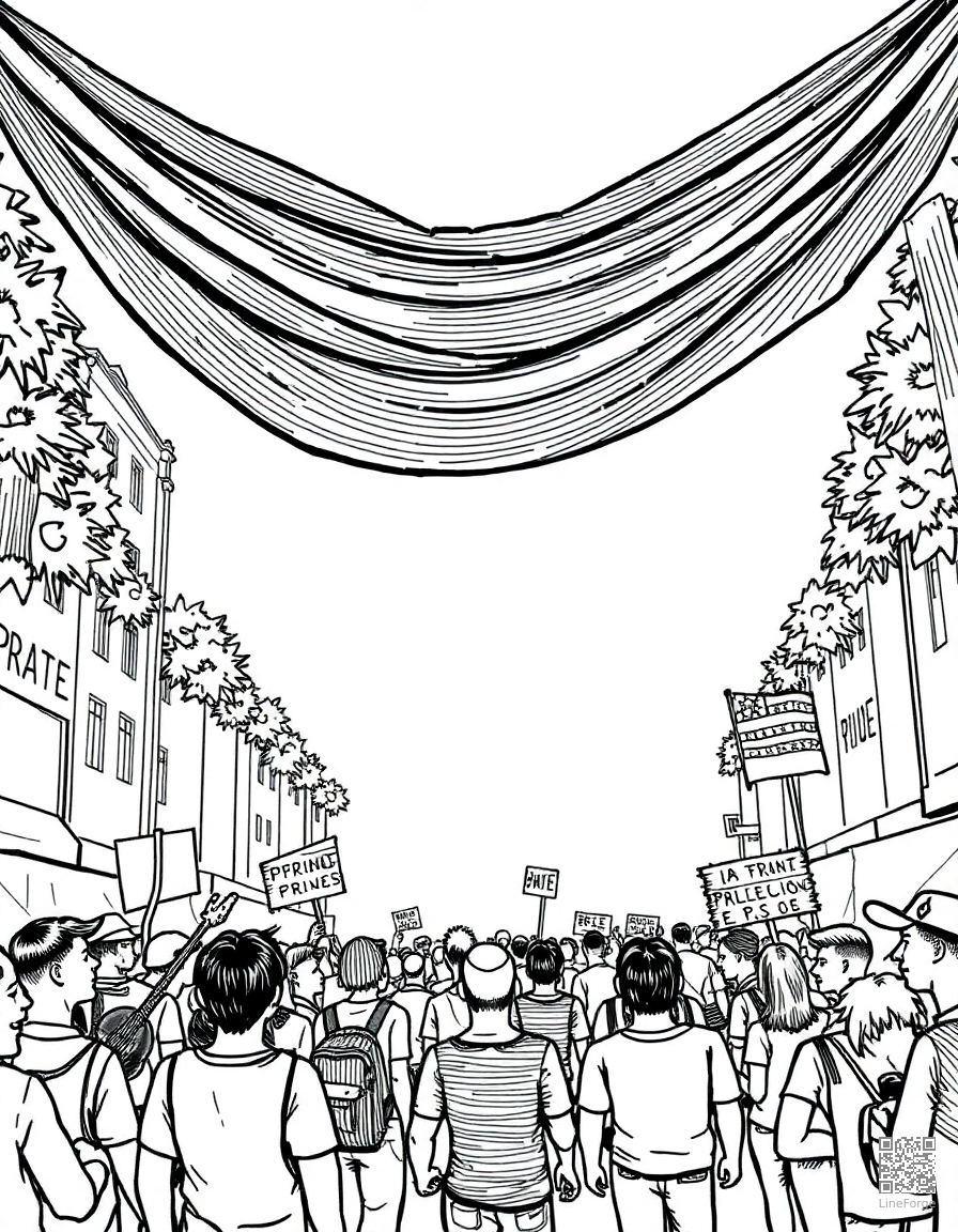 rainbow pride parade celebration coloring page Crosshatch style - free printable