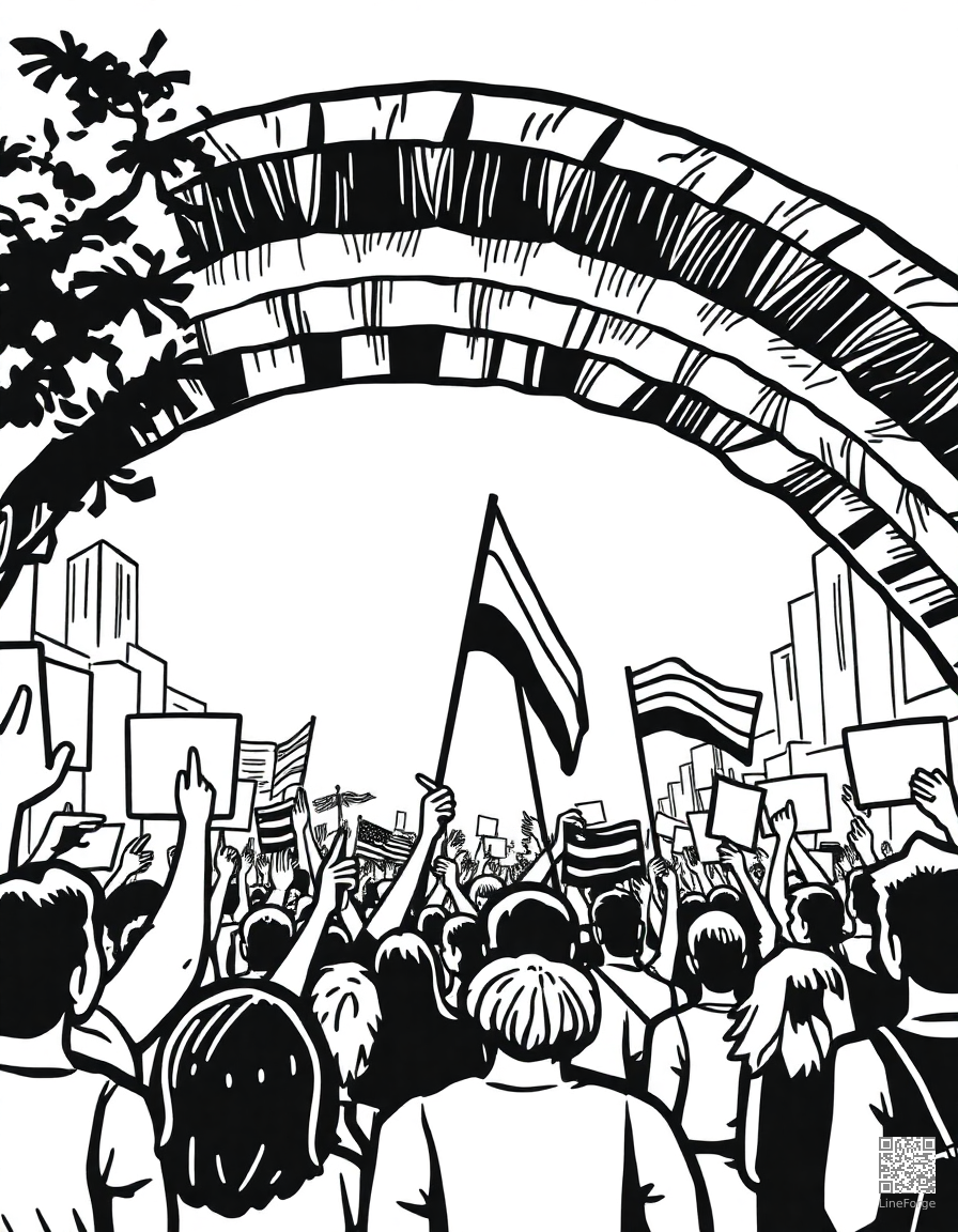 rainbow pride parade celebration coloring page Woodcut style - free printable