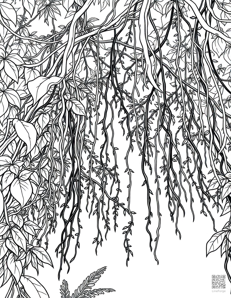 rainforest canopy with hanging vines coloring page Manga style - free printable