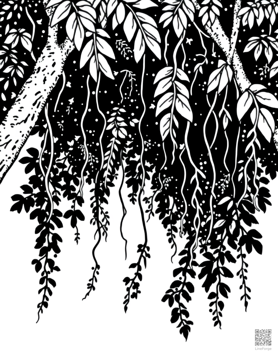 rainforest canopy with hanging vines coloring page Stipple style - free printable