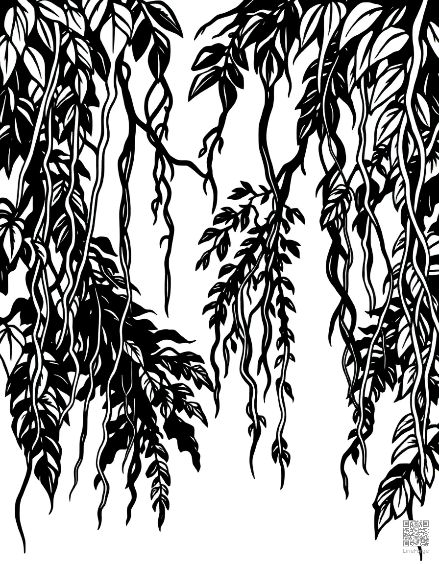 rainforest canopy with hanging vines coloring page Woodcut style - free printable