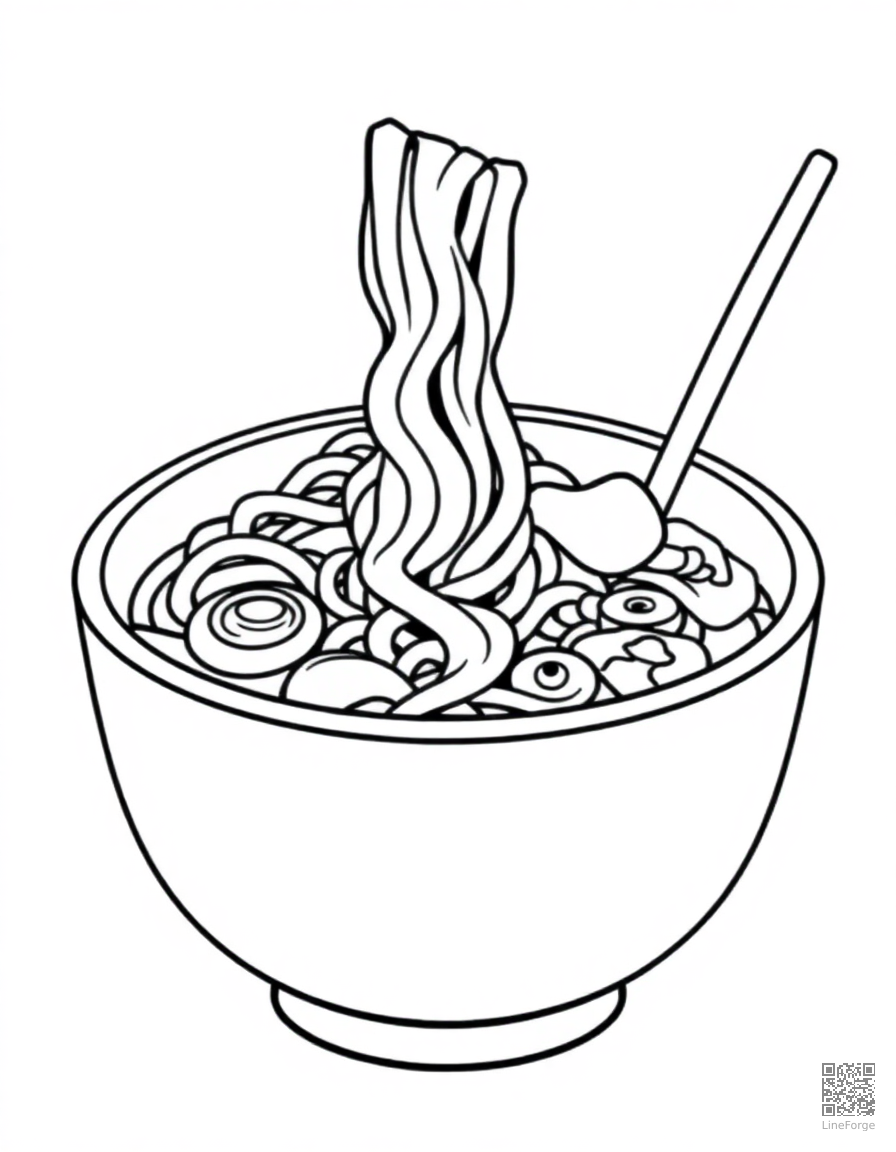 ramen bowl with noodles and toppings coloring page Contour style - free printable