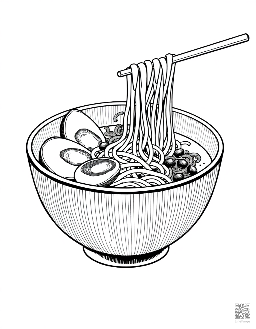 ramen bowl with noodles and toppings coloring page Crosshatch style - free printable