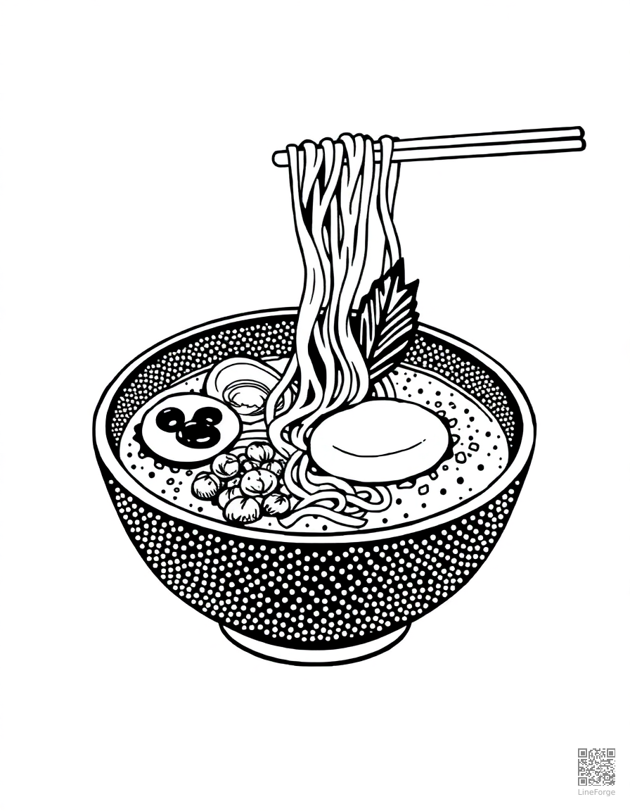 ramen bowl with noodles and toppings coloring page Stipple style - free printable