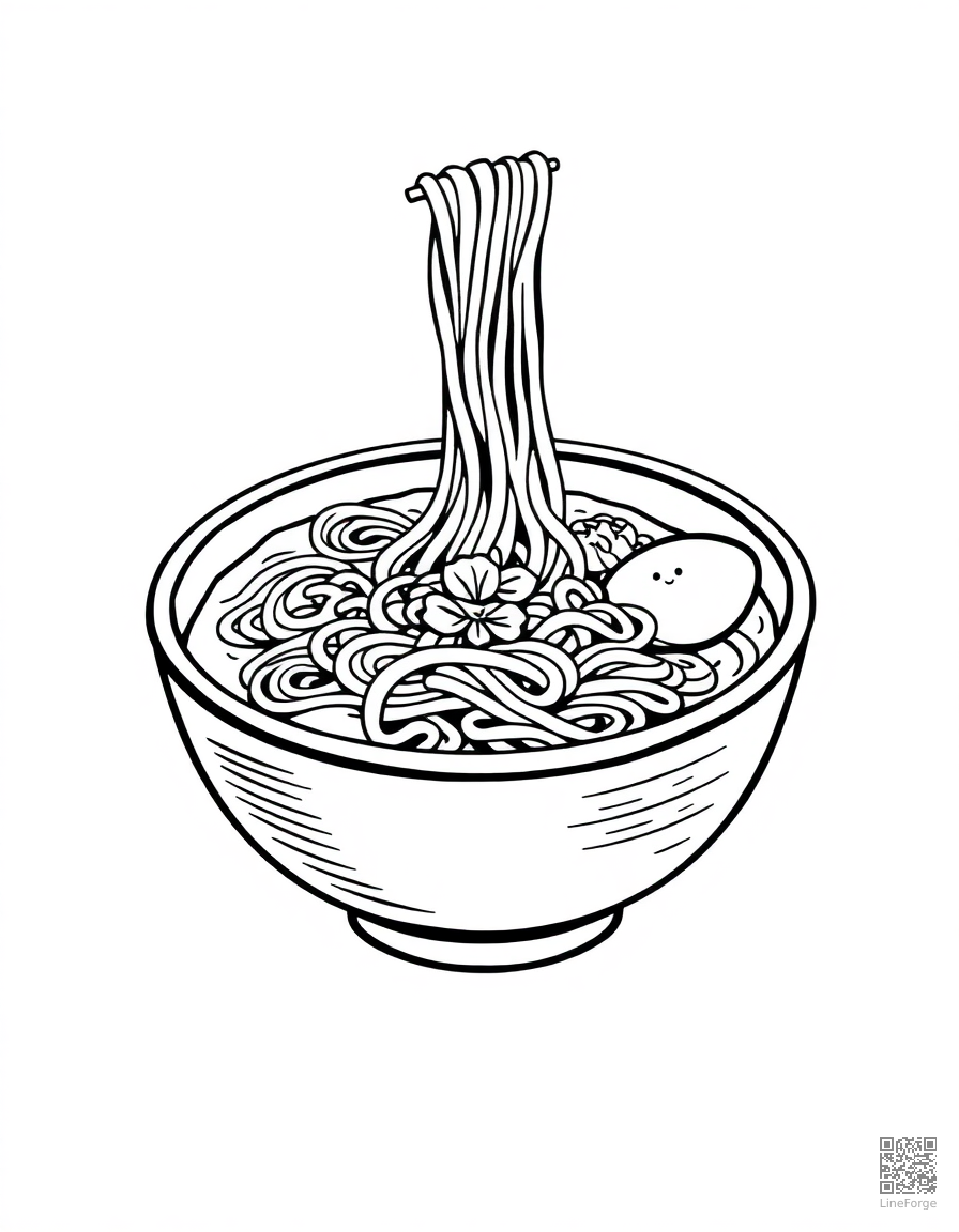 ramen bowl with noodles and toppings coloring page Woodcut style - free printable