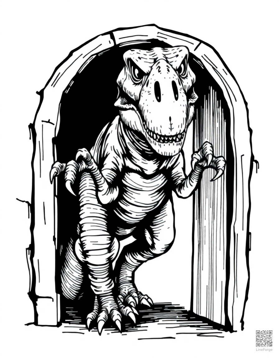 Free raptor opening a door with its claw coloring page in crosshatch style — printable line art