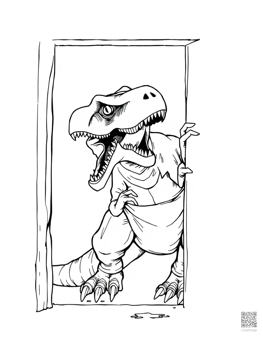 Free raptor opening a door with its claw coloring page in manga style — printable line art