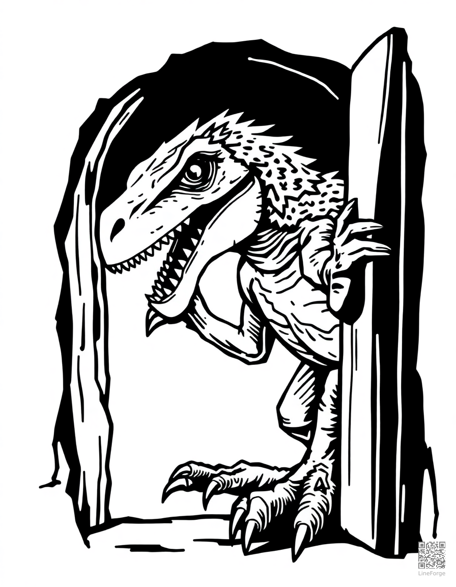 Free raptor opening a door with its claw coloring page in woodcut style — printable line art