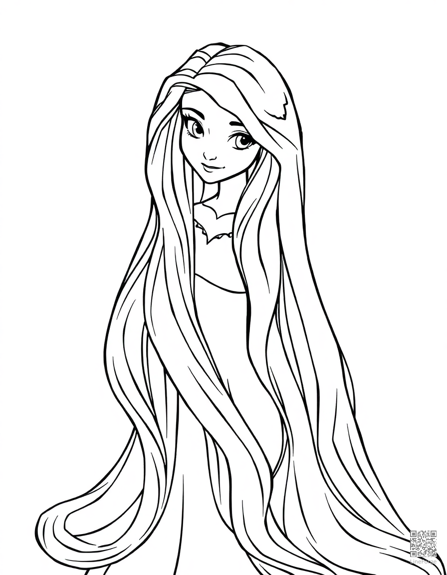 Free rapunzel letting down her long hair coloring page in contour style — printable line art