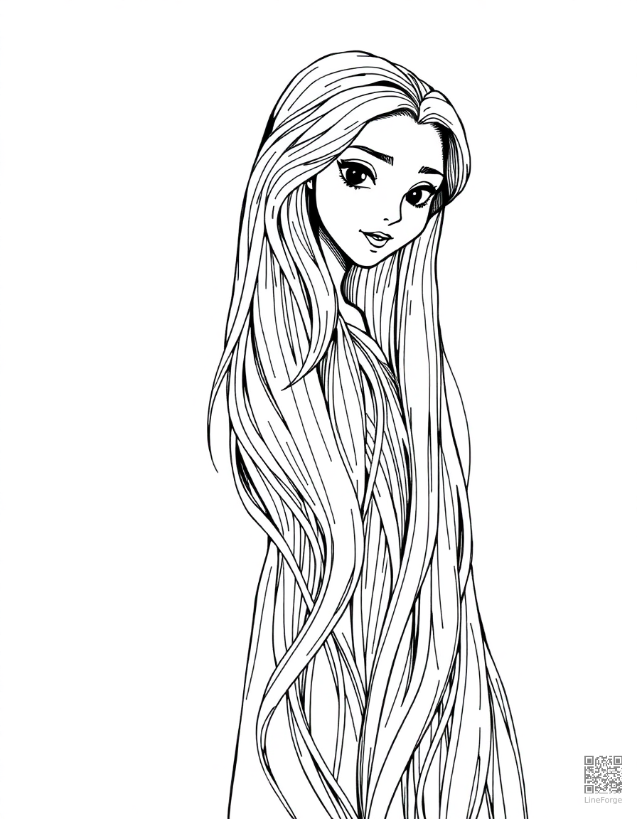 Free rapunzel letting down her long hair coloring page in crosshatch style — printable line art