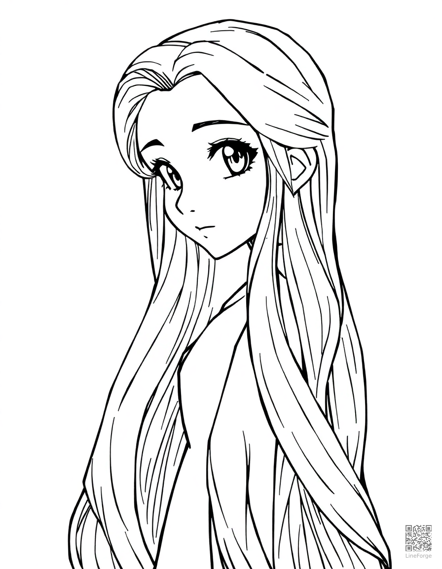 Free rapunzel letting down her long hair coloring page in manga style — printable line art