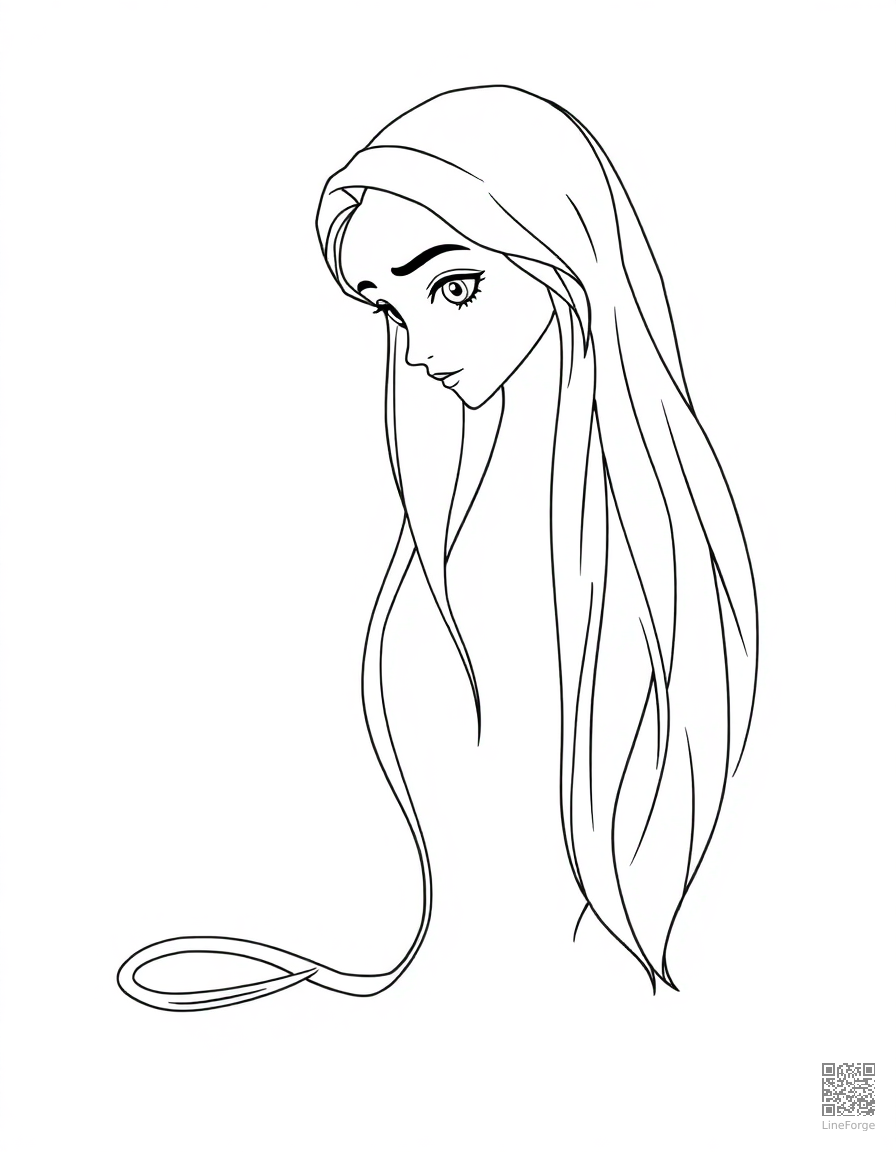 Free rapunzel letting down her long hair coloring page in minimal style — printable line art