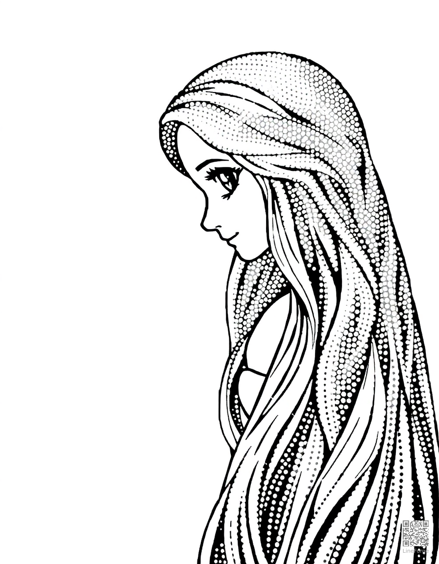 rapunzel letting down her long hair coloring page Stipple style free printable