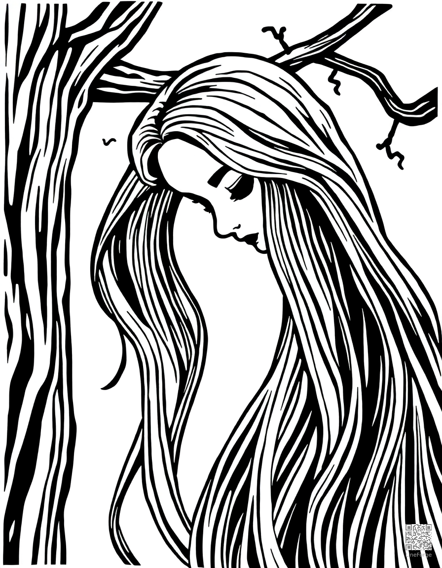 Free rapunzel letting down her long hair coloring page in woodcut style — printable line art